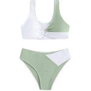 SweatyRocks Girl's 2 Piece Color block Ring Bikini Ribbed Knit SwimSuit Size 14Y